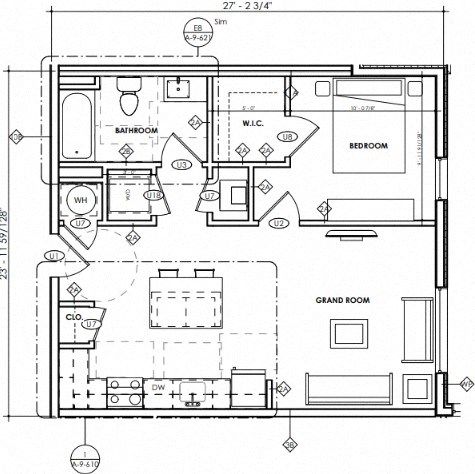 Floor plan for 1 bed, 1 bath, 885 sqft